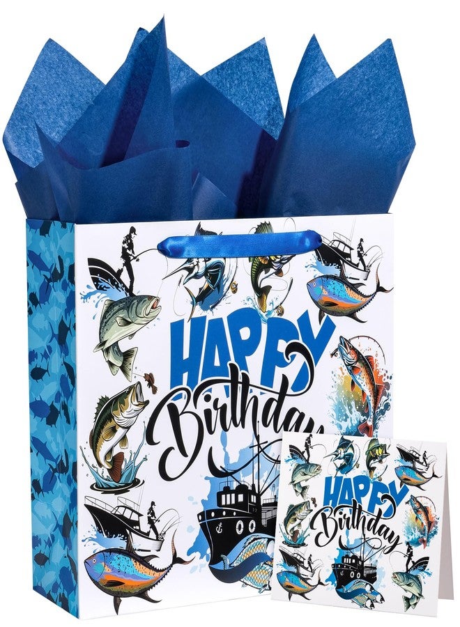 WRAPAHOLIC 13" Adventure Fishing Birthday Gift Bag with Card and Tissue Paper - Navy Blue Fish and Angler Design Paper Bags for Men Birthday Fishing Lovers - Image 1